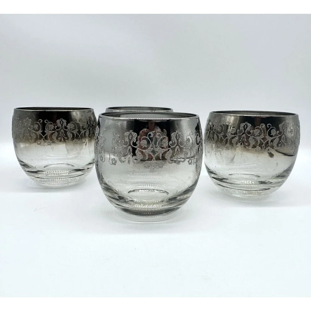 MCM Silver Fade Raised Luster Lace Dorothy Thorpe Lowball Whiskey Glasses